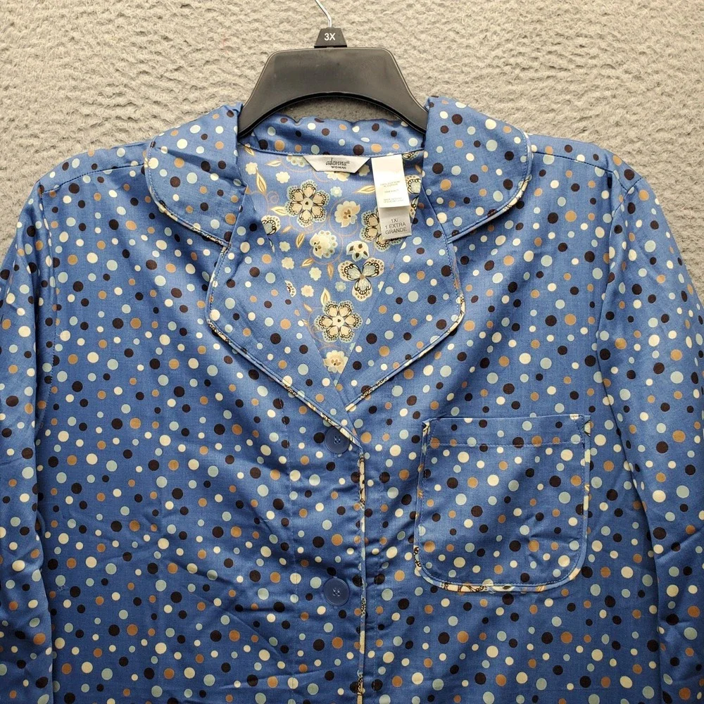 Lot of 2 Adonna Pajama Top Womens Plus 1X Multi Polka Dot Sleepwear Button Front